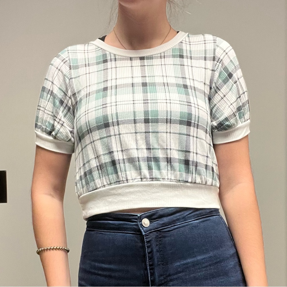 Caution To The Wind Green Plaid Short Sleeve Top